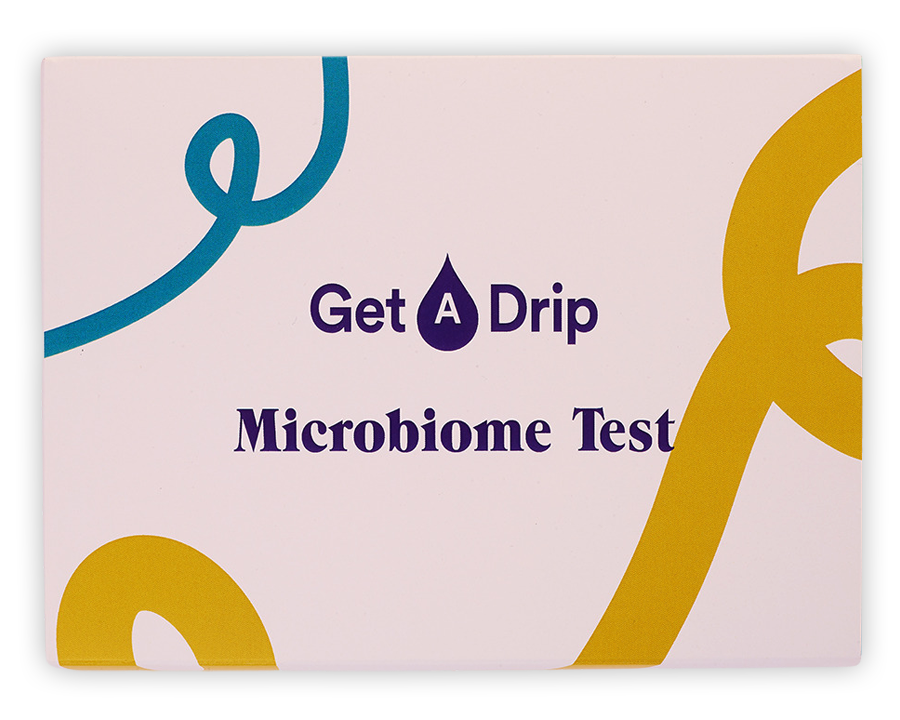Get A Drip Microbiome Test met een roze achtergrond en blauwe en gouden kronkellijnen